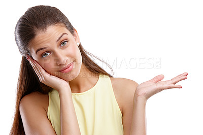 Buy stock photo Palm, presentation and portrait of woman in studio with opportunity, offer and promo space. Mockup, info and hand of girl showing news announcement, review and choice isolated on white background.