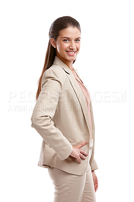 Buy stock photo Happy, portrait and woman with business fashion in studio with semi formal outfit for confidence. Smile, stylish and female person with luxury, beautiful or corporate clothes by white background.