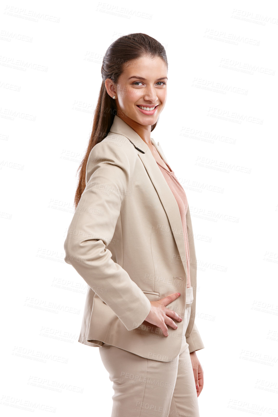 Buy stock photo Happy, portrait and woman with business fashion in studio with semi formal outfit for confidence. Smile, stylish and female person with luxury, beautiful or corporate clothes by white background.