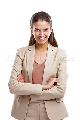 Buy stock photo Studio shot of a confident young businesswoman posing against a white background