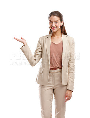Buy stock photo Studio shot of a beautiful businessyoung woman showing you your copyspace against a white background 