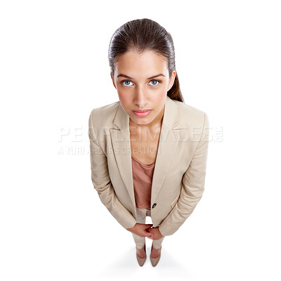 Buy stock photo High angle studio shot of a beautiful young businesswoman posing against a white background