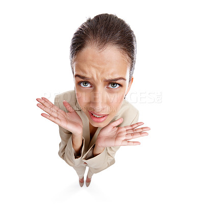 Buy stock photo High angle studio shot of a beautiful young businesswoman looking confused against a white background