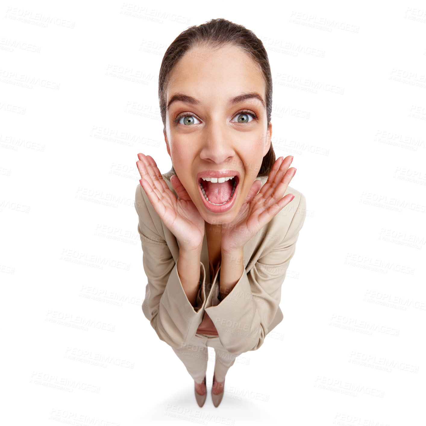 Buy stock photo High angle studio shot of a beautiful young businesswoman shouting out against a white background