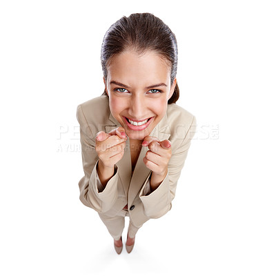 Buy stock photo High angle studio shot of a confident young businesswoman pointing towards the camera against a white background