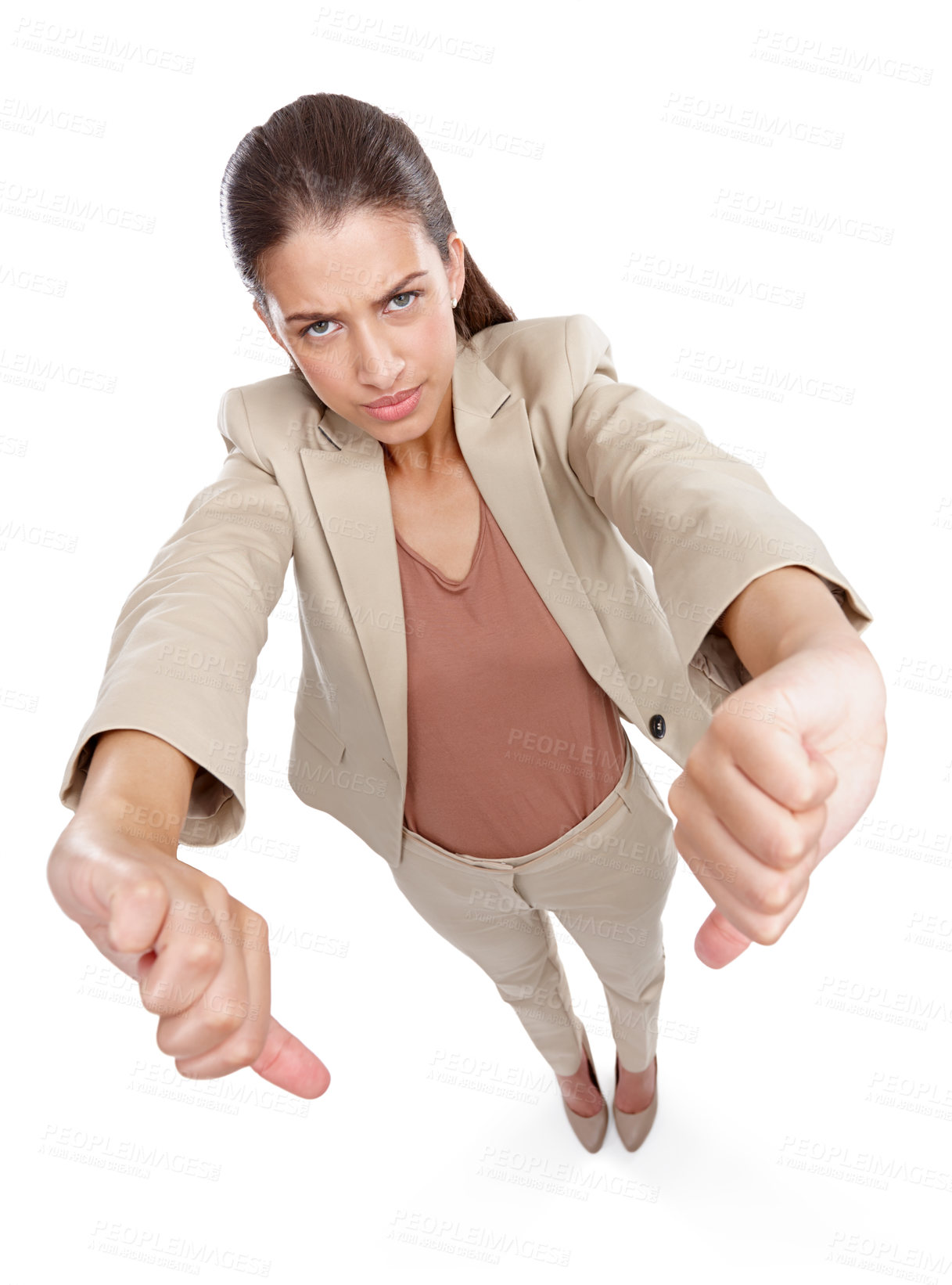 Buy stock photo Upset, thumbs down and portrait of woman in studio for bad news, rejection or disagreement. Serious, failure and top view of female person from Brazil with no hand gesture by white background.