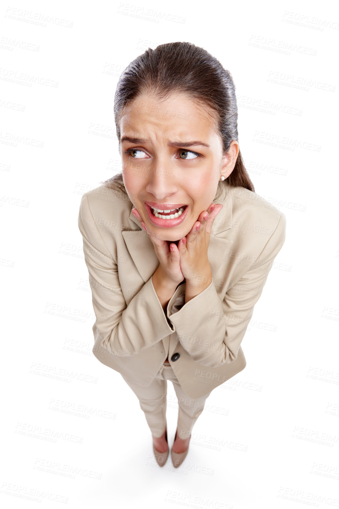 Buy stock photo Business, above and scared with woman in studio for decision, doubt and fear of career mistake. Corporate, employee and person with stress emoji by white background for job risk, disaster or bad news