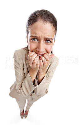 Buy stock photo High angle studio shot of a beautiful young businesswoman looking anxious against a white background