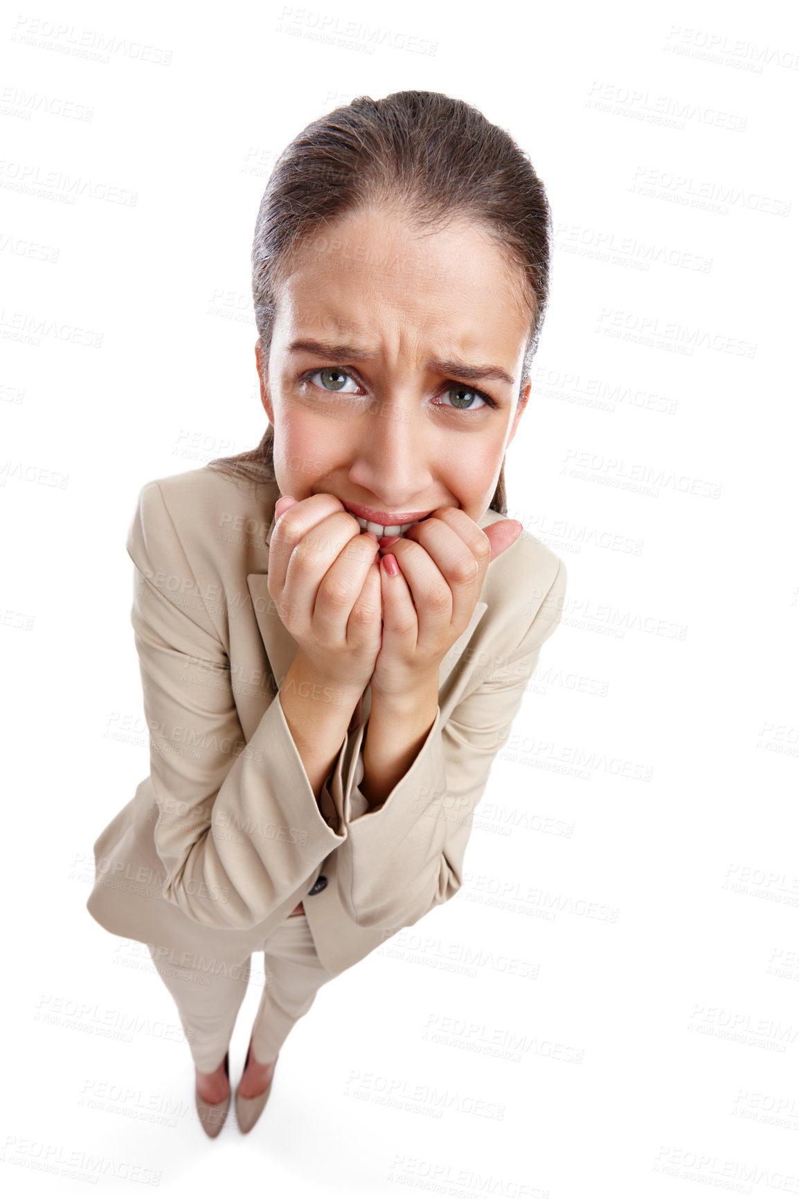 Buy stock photo Businesswoman, scared and above with portrait in studio for decision, doubt and fear and career mistake. Corporate, employee and person biting nails by white background for job, disaster and bad news