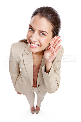 Buy stock photo High angle studio shot of a beautiful young businesswoman listening to you against a white background