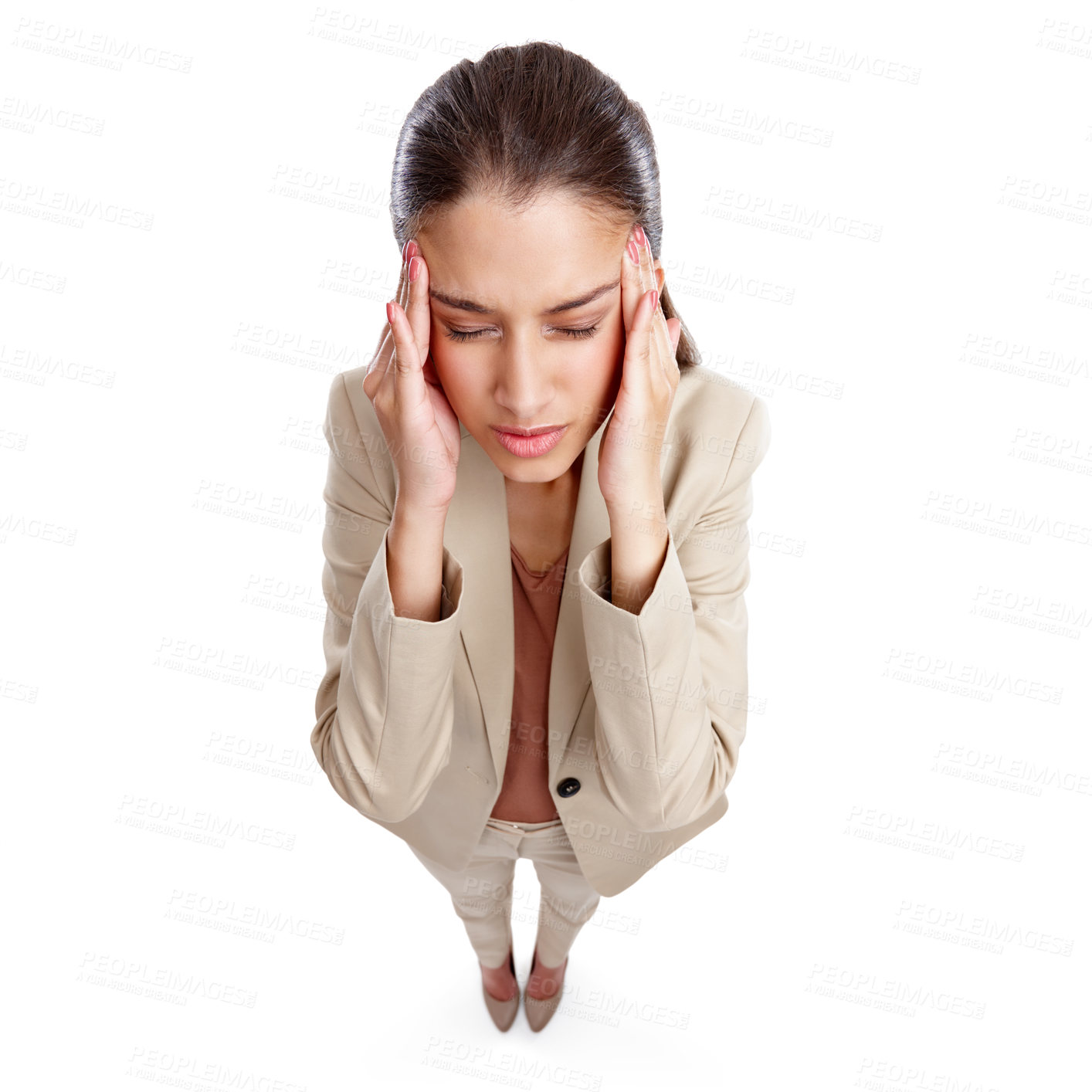 Buy stock photo Studio, businesswoman and sick with headache for stress, fatigue and burnout pain for project deadline. Above, female person and consultant with temple massage for migraine, tired or white background