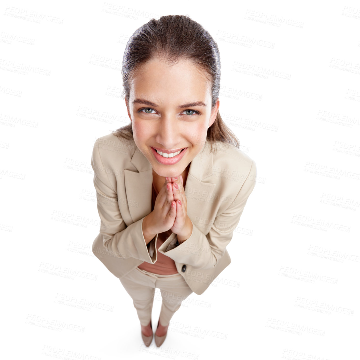 Buy stock photo High angle, portrait and businesswoman in studio with smile, praying hands or professional opportunity. Business, consultant or happy woman with confidence, hope and ambition on white background