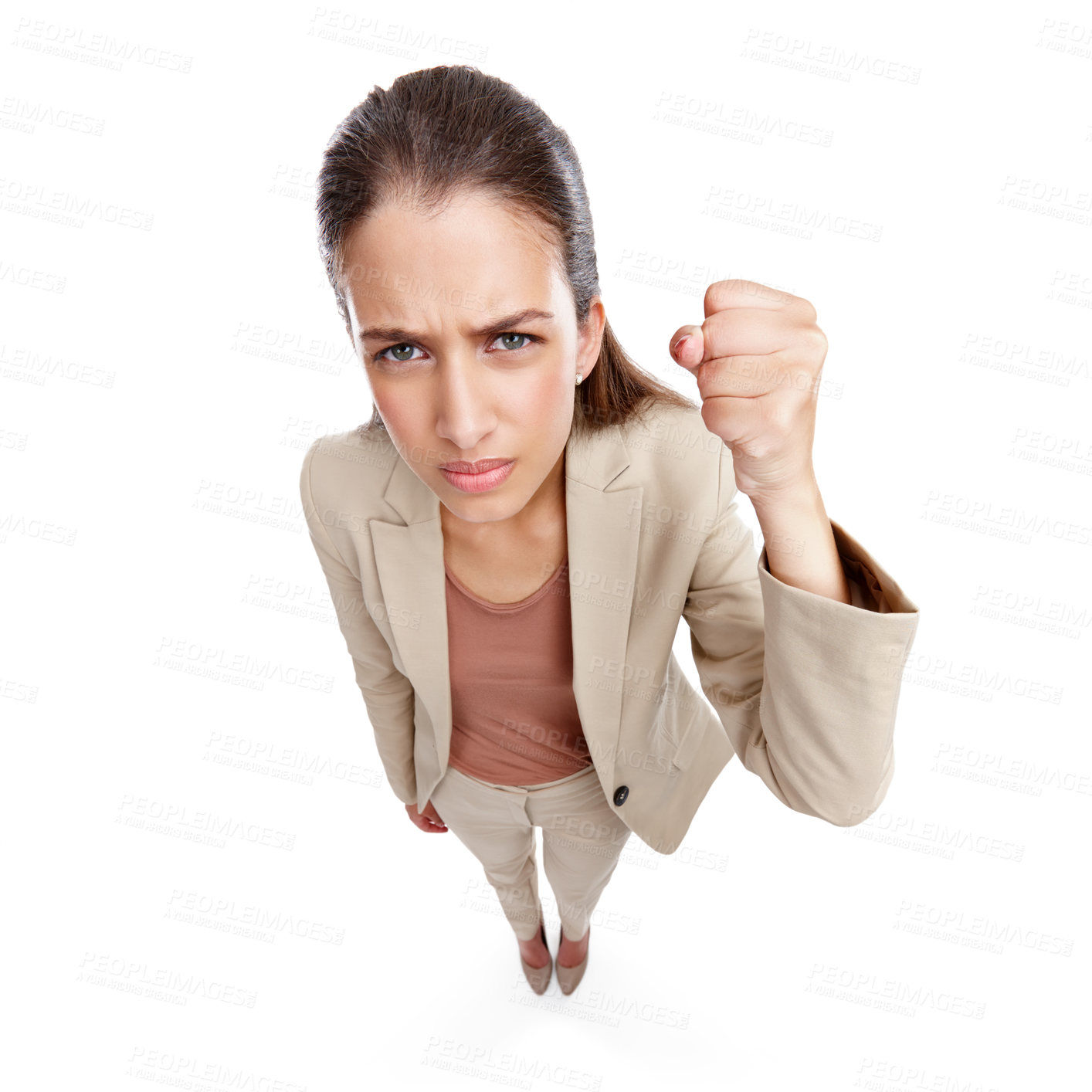 Buy stock photo Anger, fist and portrait of business woman in studio for authority, legal conflict and policy breach. Warning, suspect and discrimination pov with above of lawyer on white background for frustrated