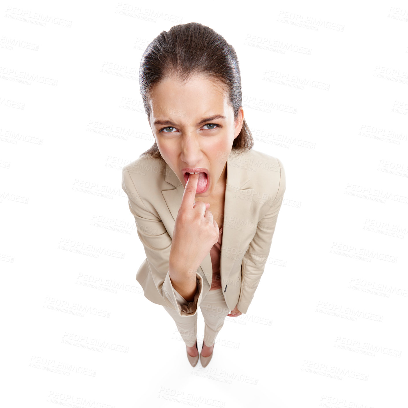 Buy stock photo Disgust, nauseous and portrait of woman in studio for upset with bad news, gross and failure. Mistake, sick and high angle of person with throw up gesture for career disapproval by white background.