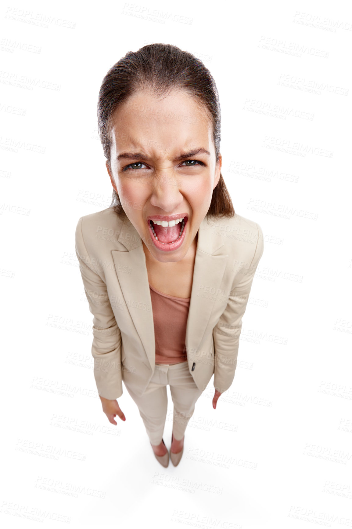 Buy stock photo Shout, above and portrait of business woman in studio with anger, upset and mad reaction. Body language, facial expression and isolated unhappy person with scream for stress on white background