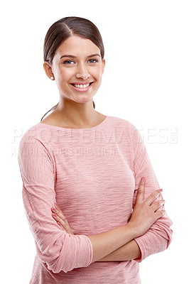 Buy stock photo Portrait, fashion and smile with a model woman in studio isolated on a white background standing arms crossed. Marketing, blank space or style with a young attractive female posing to promote clothes