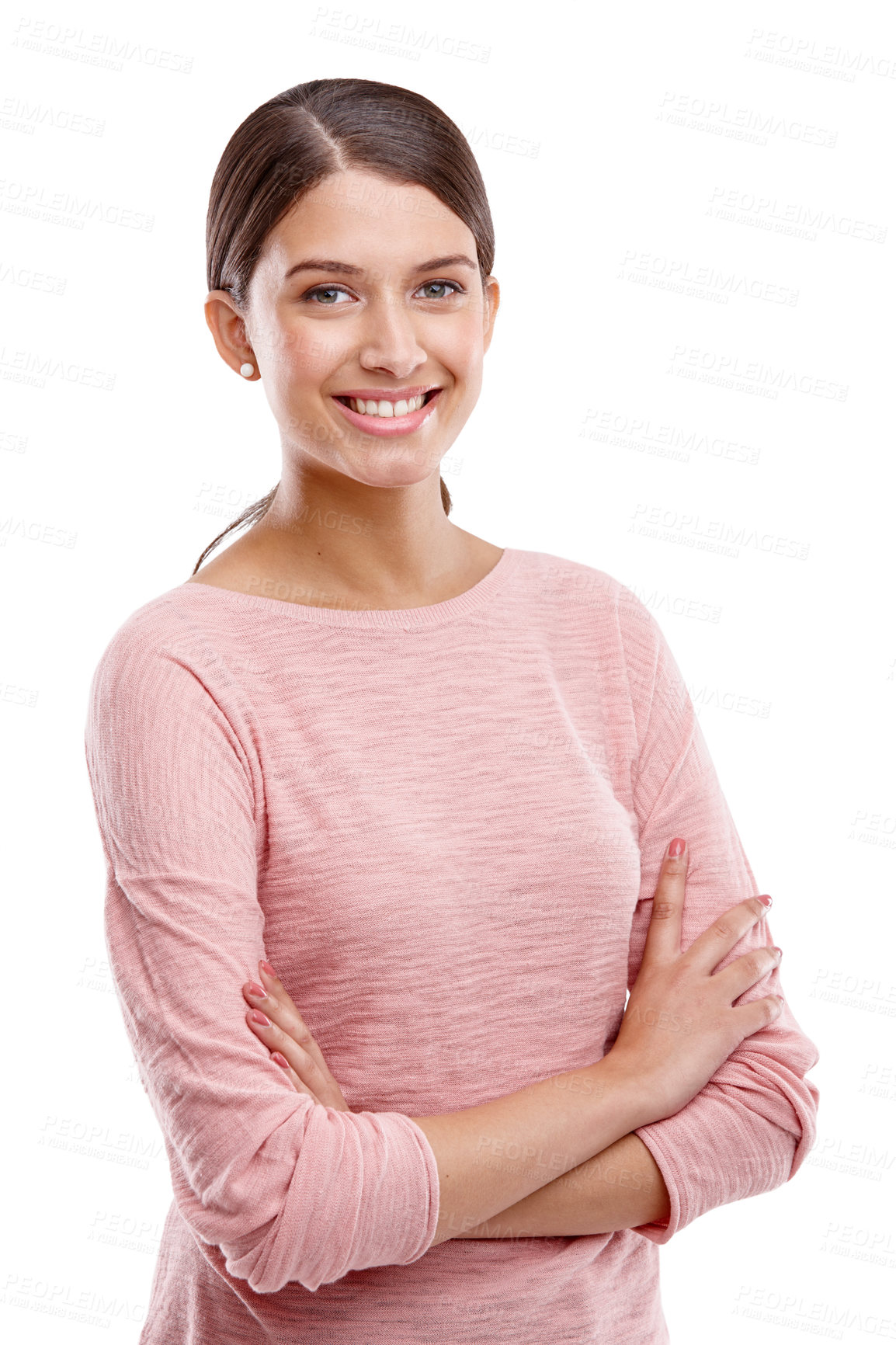 Buy stock photo Portrait, fashion and smile with a model woman in studio isolated on a white background standing arms crossed. Marketing, blank space or style with a young attractive female posing to promote clothes