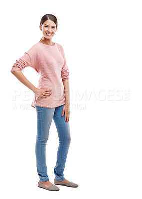 Buy stock photo Portrait, fashion and mockup with a woman in studio isolated on a white background for marketing or advertising. Product, brand and logo with an attractive young female posing on blank mock up space