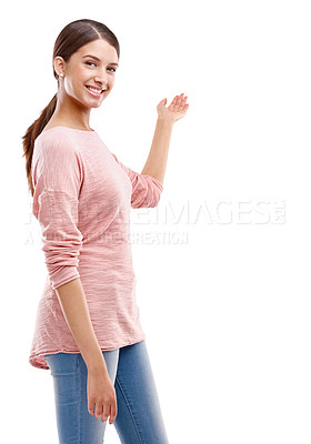 Buy stock photo Presenting, woman and portrait of a model with mock up space for advertisement and marketing. Isolated, white background and mockup of a young person with happiness and a smile to present a ad