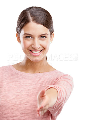 Buy stock photo Woman, hand and portrait of a person ready for handshake agreement or deal. Smile, model face and isolated female with happiness welcome and hallo hand gesture happy with mockup and white background