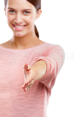 Buy stock photo Woman, hand and portrait of a person with a white background ready for agreement or deal. Smile, model and isolated female with welcome and hallo hand gesture for a handshake happy with mockup