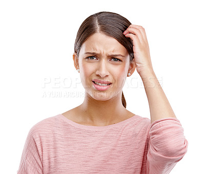 Buy stock photo Confused, thinking and woman in studio portrait for mistake, decision or choice problem isolated on white background. Doubt, idea and model face and hand scratch head for confusion sign on mockup