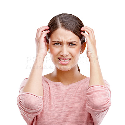 Buy stock photo Headache, stress and frustrated with woman in pain suffering with anxiety, depression and burnout fatigue. Mental health, sad and migraine with face of worried girl for sick, mistake and exhausted