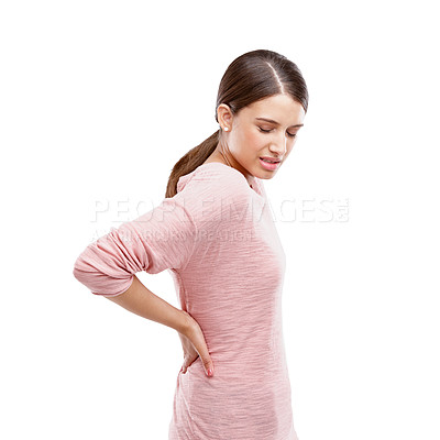 Buy stock photo Woman, studio and back pain from stress, burnout or spine health problem isolated on a white background. Female with bad body posture or muscle injury in studio for anatomy, fibromyalgia and massage