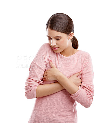 Buy stock photo Gender dysmorphia, woman and anxiety of a model holding breast feeling stress. White background, vulnerable and isolated person with worry for breast cancer awareness or health care in a studio