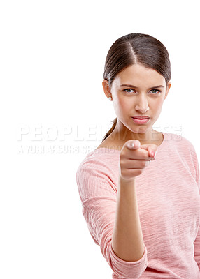 Buy stock photo Woman, pointing finger and standing isolated on a white background mockup alone, serious or choosing. Portrait of young female showing finger for decision or choice against a studio with attitude