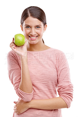 Buy stock photo Health, apple and smile with portrait of woman for nutrition, diet and weight loss choice. Fiber, food and vitamins with isolated face of girl eating fruit for wellness, organic and natural in studio