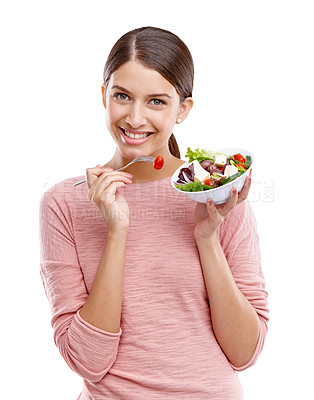 Buy stock photo Woman, smile and salad for healthy diet, meal or food for vegetarian against white studio background. Portrait of isolated female smile holding bowl of vegetables for health, nutrition or weight loss