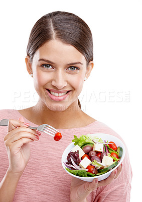 Buy stock photo Woman, smile and salad bowl for healthy diet, meal or food for vegetarian against white studio background. Portrait of isolated female smile holding vegetables for health, nutrition or weight loss