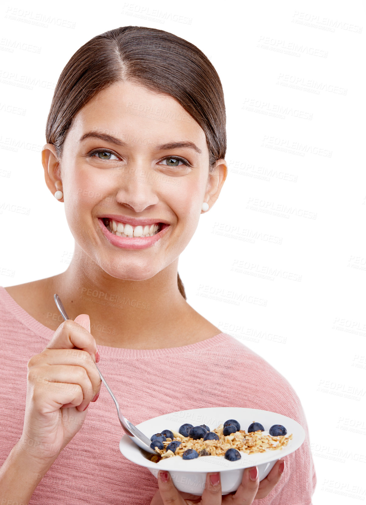 Buy stock photo Happy, woman and smile with healthy bowl of breakfast cereal against a white studio background. Portrait of isolated young female model smiling holding muesli for food health, nutrition or fiber