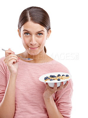 Buy stock photo Happy, woman and healthy breakfast bowl of cereal for eating against white studio background. Portrait of isolated young female model smiling holding muesli with fruit for health, nutrition or fiber