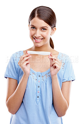 Buy stock photo Happy, portrait and pregnant test of woman with excited face for motherhood, maternity and future baby. Happiness of girl holding pregnancy test with smile on isolated white background.