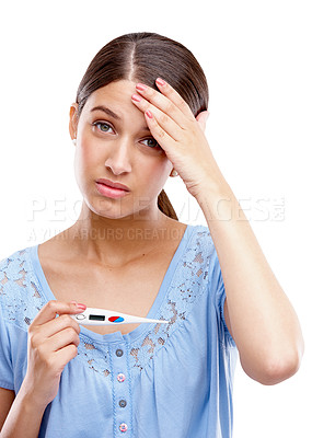 Buy stock photo Portrait, confused and pregnant woman pregnancy test in studio, bad and worry on white background. Pregnancy, stress and girl with anxiety, shocked and surprise by positive testing kit and isolated