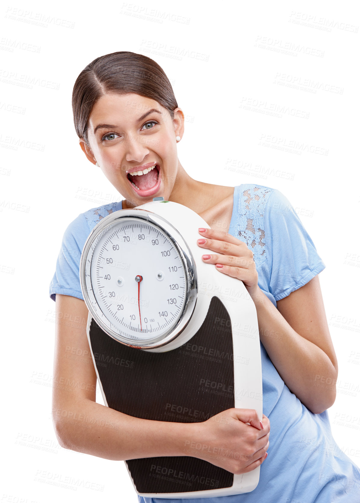 Buy stock photo Health, weight loss and scale with portrait of woman for fitness, nutrition and diet achievement. Workout, goal and training with isolated girl model and weight scale for wellness, cardio and winner