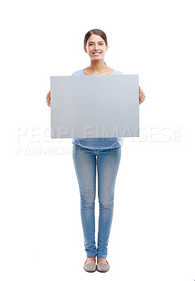 Buy stock photo Woman, empty sign and smile portrait standing in white background for advertising, marketing and branding vision. Model, happy and holding blank poster, billboard or news mockup isolated in studio