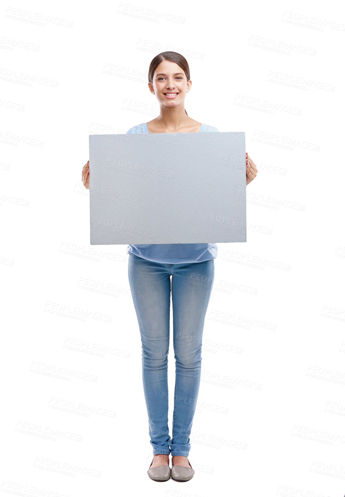 Buy stock photo Woman, empty sign and smile portrait standing in white background for advertising, marketing and branding vision. Model, happy and holding blank poster, billboard or news mockup isolated in studio