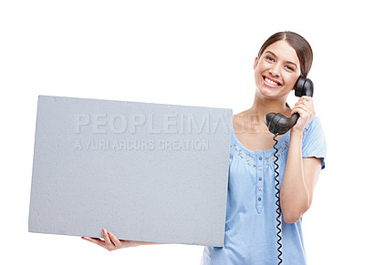 Buy stock photo Telephone, blank sign and portrait of a woman with billboard for advertisement with a smile. Happy, model and white background of a isolated model with sales, advertising and marketing sign for brand