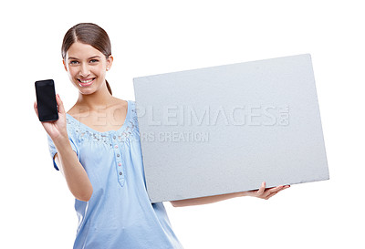 Buy stock photo Portrait, phone and mockup with a model woman in studio isolated on a white background for brand advertising. Communication, marketing and poster with a female posing to promote blank branding space