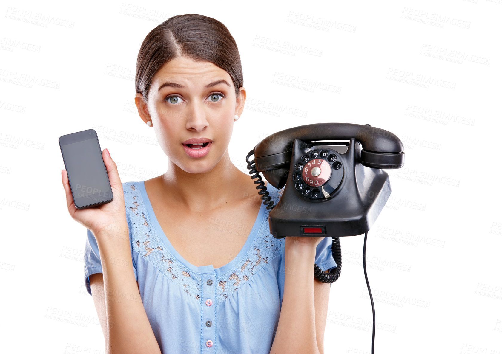Buy stock photo Woman, smartphone and retro telephone, communication technology and contact isolated on white background. Portrait, surprise and marketing modern with vintage, tech and upgrade with phone in hands