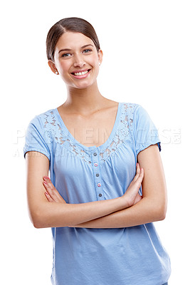 Buy stock photo Portrait, mockup and woman with arms crossed, beauty and confident girl isolated on white studio background. Person, young female and lady with gesture, leadership and casual outfit with happiness