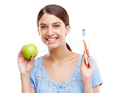 Buy stock photo Dental, health and apple with woman and toothbrush for nutrition, medical and cleaning. Fruit, diet and wellness with isolated face of girl for oral hygiene, teeth and food on white background