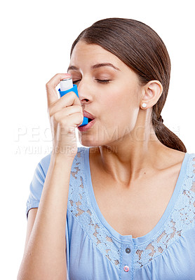 Buy stock photo Asthma, inhaler breathe and woman with medicine for allergies or health care for relief. Person, isolated white background and health of a model holding medical supplies breathing for air an asma