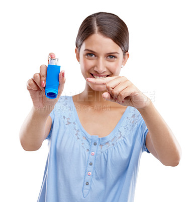 Buy stock photo Woman, asthma pump and smile pointing inhaler for medical solution, respiratory or breathing against white studio background. Portrait of isolated female holding puffer to breathe, allergy or relief