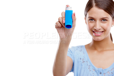 Buy stock photo Woman, asthma pump and smile for relief, breathing or respiratory against a white studio background. Portrait of isolated female holding inhaler for medical allergies, breathe or health on mockup