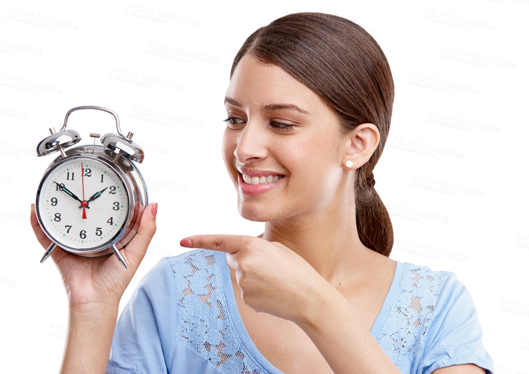 Buy stock photo Clock, time and pointing with a model woman in studio isolated on a white background for alarm or reminder. Alarm clock, point and schedule with a young female on blank space for a deadline