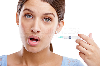 Buy stock photo Beauty, botox and aesthetic with portrait of woman for skincare, plastic surgery and collagen injection. Syringe, luxury and wellness with face of girl with cosmetics, anti aging and hyaluronic acid